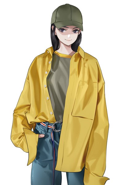 Anime picture 2000x2887 with original himmel single long hair tall image looking at viewer highres black hair simple background smile standing white background upper body black eyes open shirt shaded face hand in pocket casual girl shirt