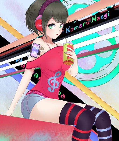 Anime picture 2750x3240 with dangan ronpa danganronpa another episode: ultra despair girls naegi komaru nanofarla single tall image looking at viewer blush fringe highres short hair open mouth simple background brown hair sitting bare shoulders holding green eyes off shoulder character names