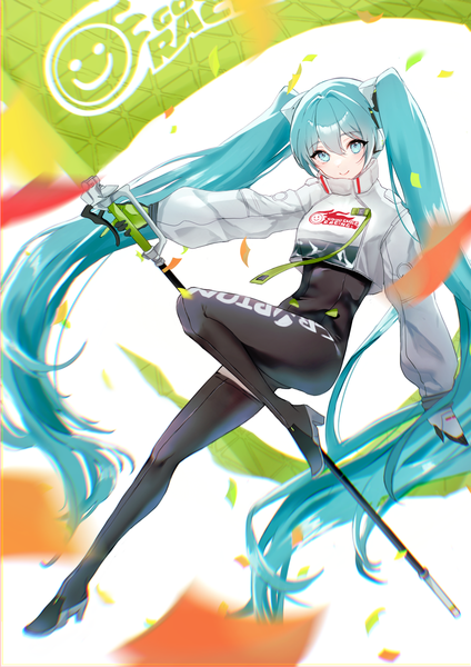 Anime picture 1134x1603 with vocaloid goodsmile racing hatsune miku racing miku racing miku (2022) nagi (pickles pipipi) single tall image looking at viewer fringe smile hair between eyes twintails full body very long hair aqua eyes aqua hair girl gloves bodysuit