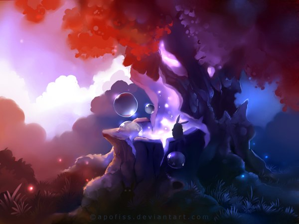 Anime picture 1280x960 with original apofiss signed sky cloud (clouds) magic plant (plants) animal tree (trees) grass bubble (bubbles) forest fireflies stump
