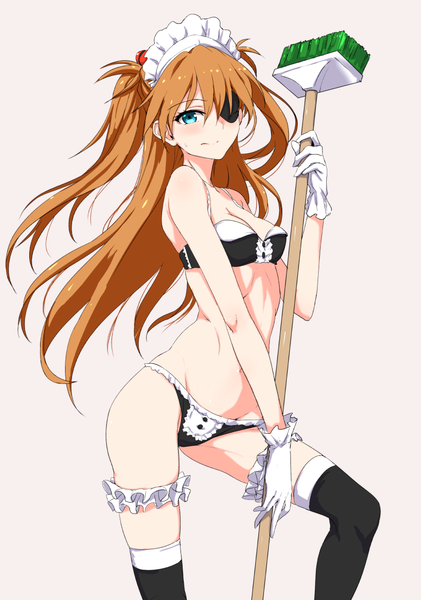 Anime picture 777x1108 with neon genesis evangelion gainax soryu asuka langley clearite single long hair tall image looking at viewer blush blue eyes light erotic simple background orange hair underwear only girl thighhighs gloves underwear panties lingerie