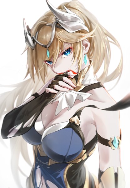 Anime picture 2894x4175 with honkai impact 3rd honkai (series) bianka durandal ataegina faaallen single long hair tall image looking at viewer fringe highres breasts light erotic hair between eyes large breasts cleavage upper body head tilt arm up horn (horns) hand to mouth
