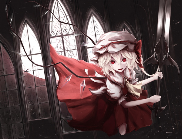 Anime picture 1500x1145 with touhou flandre scarlet moose (moosu193) single looking at viewer fringe short hair open mouth blonde hair smile hair between eyes red eyes holding short sleeves fang (fangs) puffy sleeves one side up pale skin slit pupils midair