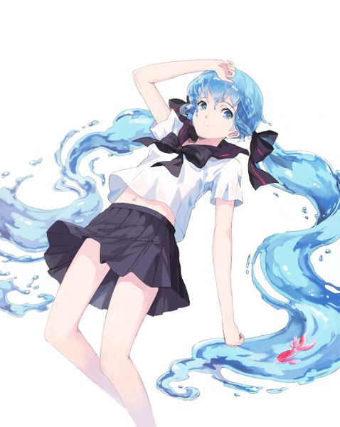 Anime picture 1000x1256 with vocaloid hatsune miku bottle miku harupy single tall image blue eyes simple background white background twintails blue hair looking away very long hair bare belly low twintails hand on head liquid hair girl navel uniform