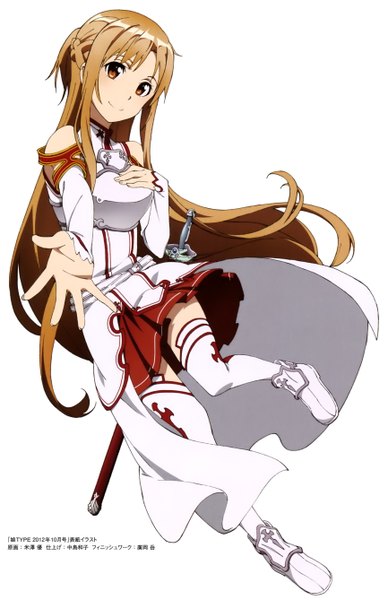 Anime picture 1729x2674 with sword art online a-1 pictures yuuki asuna single long hair tall image looking at viewer highres simple background smile brown hair white background brown eyes scan official art girl thighhighs skirt weapon detached sleeves