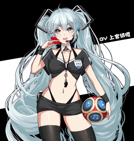 Anime picture 1104x1165 with vocaloid world cup 2018 fifa world cup hatsune miku shangguan feiying single tall image looking at viewer blush fringe breasts open mouth light erotic simple background hair between eyes standing twintails holding signed cleavage