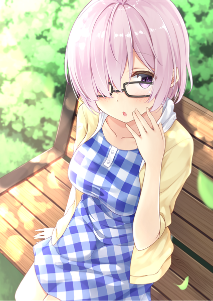 Anime picture 1003x1417 with fate (series) fate/grand order mash kyrielight karutamo single tall image looking at viewer blush fringe short hair open mouth sitting purple eyes pink hair outdoors long sleeves from above blurry hair over one eye :o