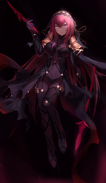 Anime picture 2185x3779 with fate (series) fate/grand order scathach (fate) (all) scathach (fate) annnna single tall image looking at viewer blush fringe highres breasts light erotic simple background smile hair between eyes red eyes large breasts holding purple hair