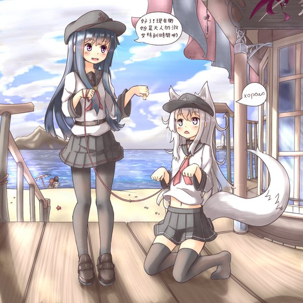 Anime picture 900x900 with kantai collection hibiki destroyer akatsuki destroyer hinbackc long hair blush fringe open mouth blue eyes smile hair between eyes standing purple eyes multiple girls animal ears blue hair looking away sky silver hair cloud (clouds)