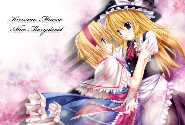 Anime picture 1224x827 with touhou kirisame marisa alice margatroid kai yuuki long hair blush short hair blue eyes blonde hair multiple girls girl dress 2 girls hairband witch hat