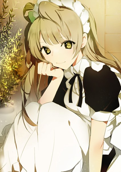 Anime picture 645x911 with love live! school idol project sunrise (studio) love live! minami kotori lpip single long hair tall image looking at viewer fringe smile brown hair yellow eyes from above arm support hair bun (hair buns) waitress girl plant (plants) headdress