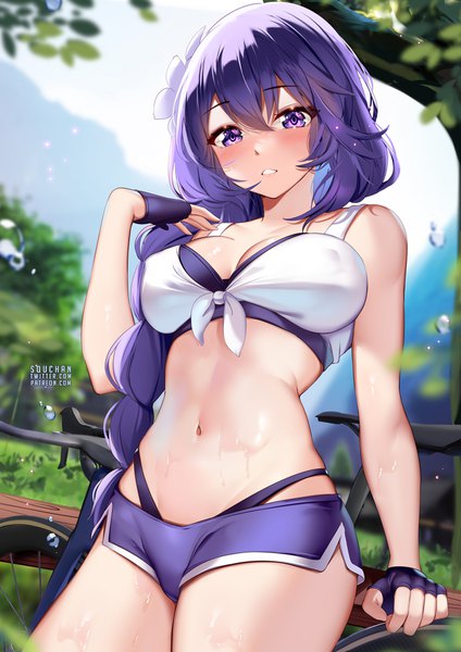Anime picture 884x1250 with genshin impact raiden shogun squchan single long hair tall image looking at viewer blush fringe breasts light erotic hair between eyes large breasts standing purple eyes signed cleavage purple hair outdoors braid (braids)