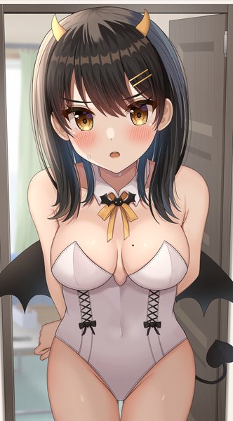 Anime picture 2202x3978 with original hisui (user zvkr2432) single long hair tall image blush highres breasts open mouth light erotic black hair large breasts bare shoulders yellow eyes tail horn (horns) mole thigh gap covered navel sweatdrop