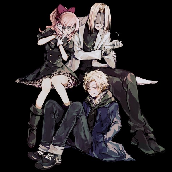 Anime picture 888x888 with kekkai sensen studio bones zetsubouou aligula femt (kekkai sensen) tsuyuxxx looking at viewer fringe short hair blonde hair simple background smile pink hair head tilt light smile lips multiple boys crossed legs drill hair black background