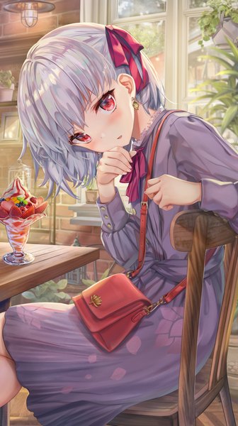 Anime picture 3151x5624 with fate (series) fate/grand order kama (fate) torino aqua single tall image looking at viewer blush fringe highres short hair open mouth red eyes sitting absurdres silver hair indoors long sleeves head tilt alternate costume