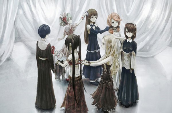 Anime picture 1000x658 with pandora (game) toi (number8) long hair short hair breasts blue eyes black hair blonde hair brown hair standing twintails bare shoulders multiple girls holding brown eyes blue hair bare belly maid grey eyes torn clothes