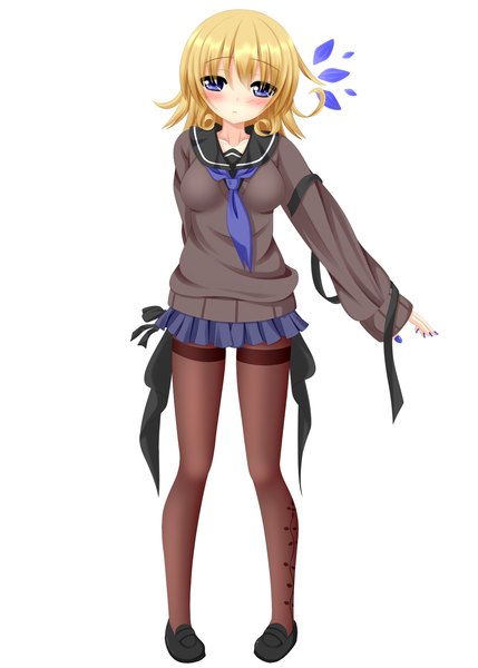 Anime picture 1072x1500 with yoye (pastel white) single tall image looking at viewer blush short hair blue eyes simple background blonde hair white background girl skirt uniform ribbon (ribbons) school uniform miniskirt sweater