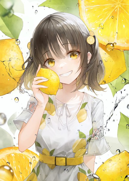 Anime picture 3000x4200 with original crystalherb single tall image looking at viewer fringe highres short hair black hair simple background smile standing twintails holding yellow eyes nail polish head tilt short sleeves grin short twintails
