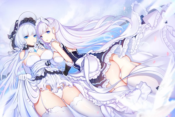 Anime picture 1700x1144 with azur lane belfast (azur lane) illustrious (azur lane) isy long hair looking at viewer fringe breasts open mouth blue eyes light erotic large breasts bare shoulders multiple girls cleavage silver hair cloud (clouds) ass braid (braids) looking back