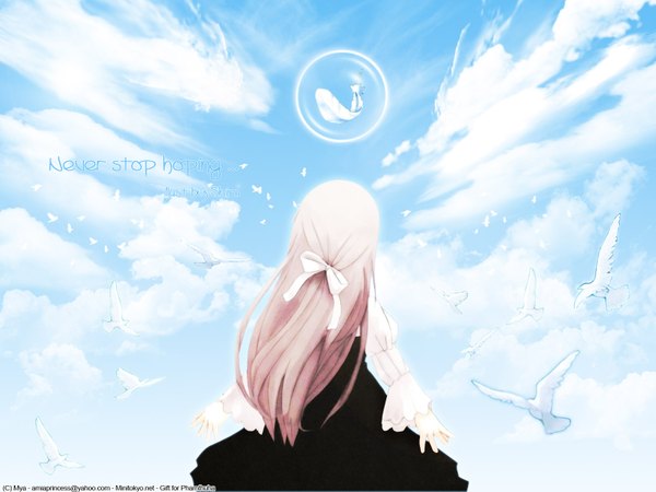 Anime picture 1600x1200 with long hair blonde hair sky soft beauty girl bow hair bow