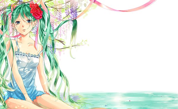 Anime picture 1098x673 with vocaloid hatsune miku uri (dark/lip) single looking at viewer blush wide image sitting twintails bare shoulders hair flower aqua eyes green hair bare legs between legs serious girl dress hair ornament flower (flowers)