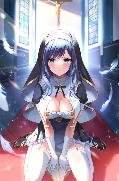 Anime picture 984x1500 with original mayo (miyusa) single long hair tall image looking at viewer blush fringe breasts blue eyes light erotic large breasts sitting blue hair cleavage full body bent knee (knees) indoors sunlight sparkle