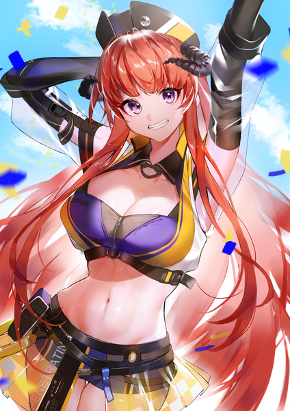 Anime picture 1013x1433 with arknights bagpipe (arknights) bagpipe (queen no. 1) (arknights) ichibi single long hair tall image looking at viewer breasts light erotic smile large breasts purple eyes sky cleavage cloud (clouds) outdoors red hair horn (horns) midriff