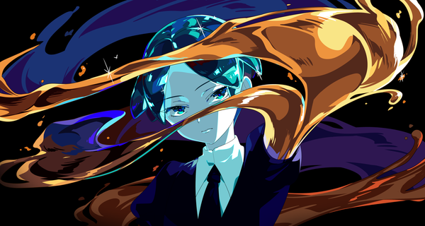 Anime picture 2500x1333 with houseki no kuni phosphophyllite yuigahama (user nevh3547) single looking at viewer highres short hair wide image upper body aqua eyes aqua hair sparkle androgynous spoilers uniform necktie gold