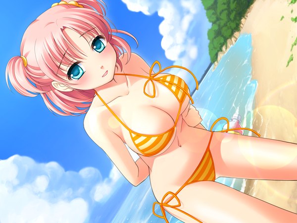 Anime picture 1200x900 with sugar+spice 2 (game) breasts blue eyes light erotic pink hair game cg two side up beach girl swimsuit bikini striped bikini