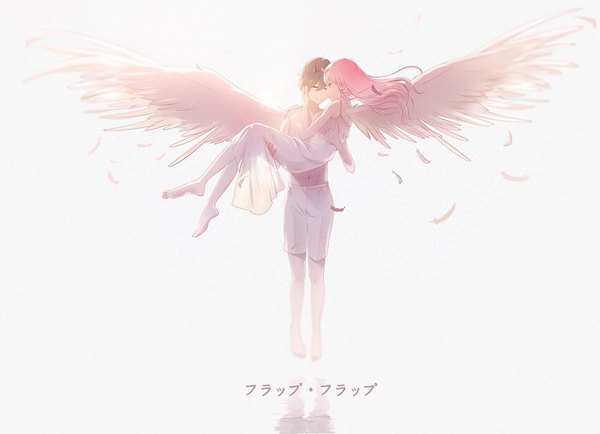 Anime picture 1024x742 with darling in the franxx studio trigger zero two (darling in the franxx) hiro (darling in the franxx) umumu long hair fringe short hair black hair simple background hair between eyes white background pink hair full body bent knee (knees) eyes closed barefoot horn (horns) inscription couple