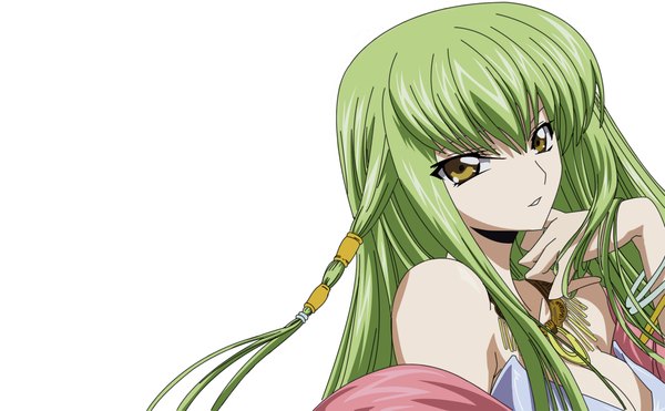 Anime picture 2100x1300 with code geass sunrise (studio) c.c. single looking at viewer fringe highres simple background wide image white background bare shoulders yellow eyes parted lips green hair vector girl bracelet