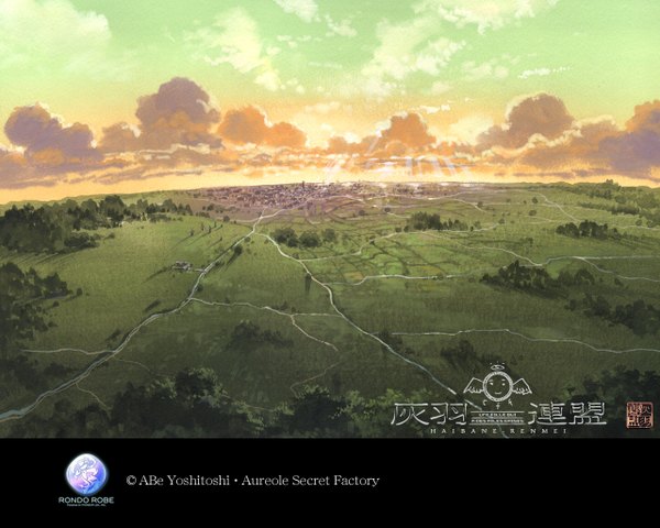 Anime picture 1280x1024 with haibane renmei abe yoshitoshi signed sky cloud (clouds) copyright name city cityscape no people landscape scenic