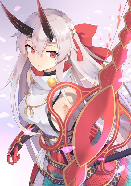 Anime picture 2507x3540 with fate (series) fate/grand order tomoe gozen (fate) 100% single long hair tall image looking at viewer blush fringe highres breasts light erotic smile hair between eyes red eyes standing bare shoulders holding payot