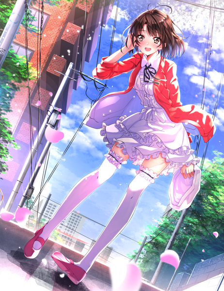 Anime picture 1102x1431 with saenai heroine no sodatekata a-1 pictures katou megumi swordsouls single tall image blush fringe short hair open mouth brown hair standing brown eyes sky cloud (clouds) full body wind sunlight open clothes open jacket