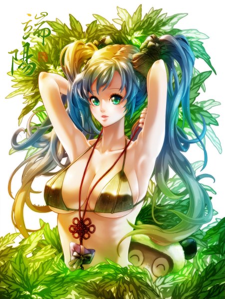 Anime picture 1803x2400 with league of legends sona buvelle waterring single long hair tall image looking at viewer blush highres breasts light erotic large breasts white background twintails blue hair multicolored hair aqua eyes armpit (armpits) hieroglyph gradient hair