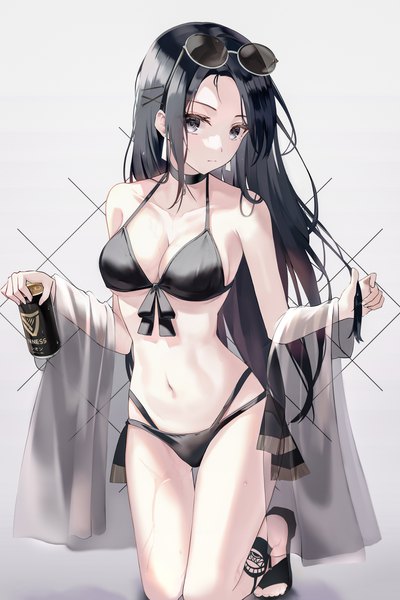 Anime-Bild 2731x4096 mit original sion (im10042m) single long hair tall image looking at viewer fringe highres breasts light erotic black hair simple background large breasts holding cleavage full body grey eyes kneeling thigh gap sunglasses on head