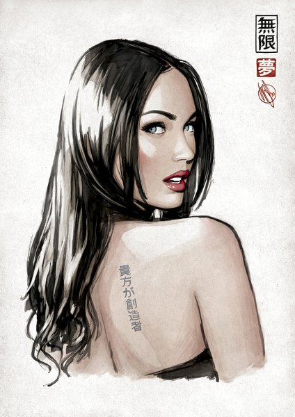 Anime picture 620x877 with real life megan fox warrenlouw single long hair tall image looking at viewer black hair bare shoulders looking back lips from behind grey eyes hieroglyph girl