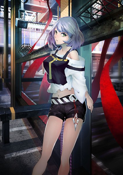 Anime picture 781x1105 with original diet sence single tall image looking at viewer fringe short hair standing bare shoulders yellow eyes outdoors grey hair bare legs girl shorts building (buildings)