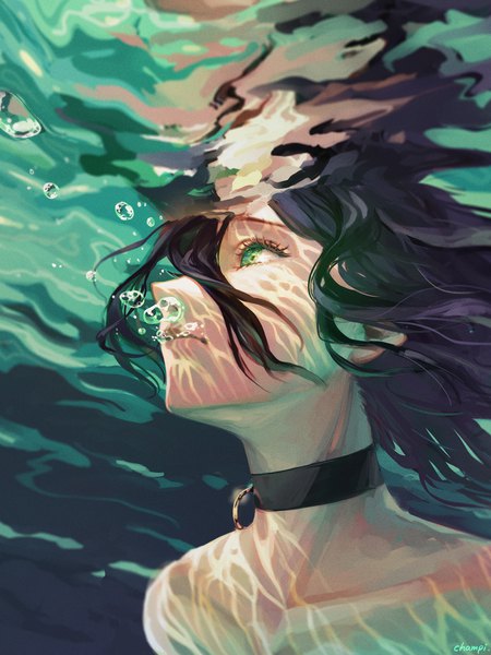 Anime picture 1500x2000 with chainsaw man mappa reze (chainsaw man) champi single tall image fringe short hair black hair hair between eyes green eyes signed upper body looking up underwater girl choker bubble (bubbles)