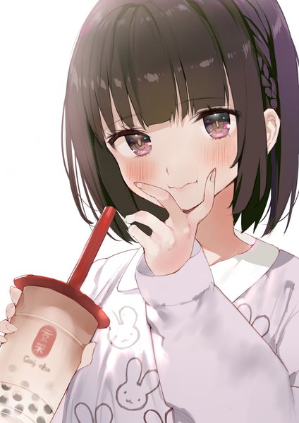 Anime picture 3541x5015 with original gong cha okada ayaka gaou (umaiyo puyoman) single tall image looking at viewer blush fringe highres short hair simple background brown hair white background holding brown eyes absurdres upper body blunt bangs braid (braids)