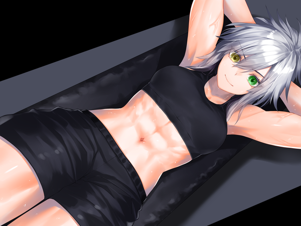 Anime picture 1200x900 with original dodome ichika waka (shark waka) single long hair looking at viewer fringe smile hair between eyes green eyes yellow eyes payot silver hair ponytail lying arms up bare belly armpit (armpits) on back dutch angle