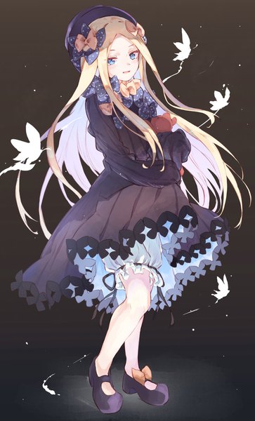 Anime picture 1273x2103 with fate (series) fate/grand order abigail williams (fate) tamiku (shisyamo609) single long hair tall image looking at viewer blue eyes blonde hair full body multicolored hair black background colored inner hair girl dress bow hair bow hat black dress