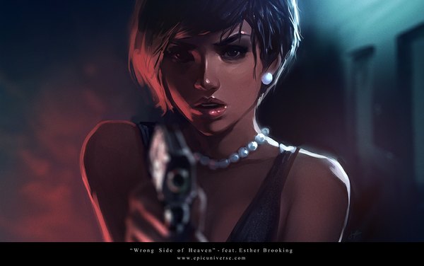 イラスト 1140x715 と tsuaii ソロ カメラ目線 短い髪 黒髪 lips black eyes realistic 女の子 武器 耳飾り 銃砲 ビーズ 銃