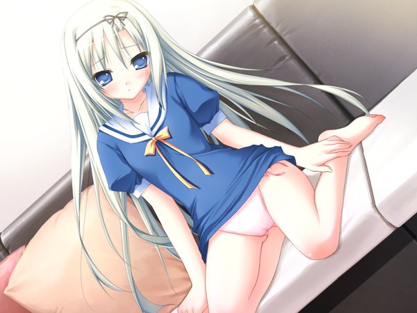 Anime picture 1600x1200 with magicarat radiant (game) chikotam single long hair blush blue eyes light erotic game cg white hair barefoot cameltoe girl underwear panties couch