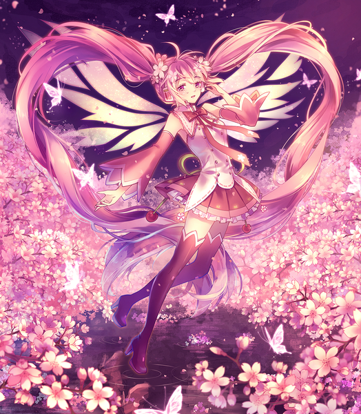 Anime picture 1118x1281 with vocaloid hatsune miku sakura miku momoko (momoko14) single tall image looking at viewer blush open mouth purple eyes twintails pink hair very long hair cherry blossoms girl skirt flower (flowers) plant (plants) detached sleeves miniskirt