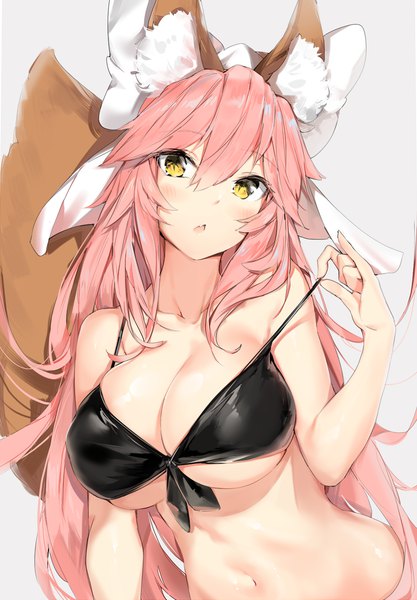 Anime picture 980x1410 with fate (series) fate/extra tamamo (fate) (all) tamamo no mae (fate) silver (chenwen) single long hair tall image looking at viewer blush fringe breasts open mouth light erotic simple background hair between eyes large breasts bare shoulders animal ears yellow eyes