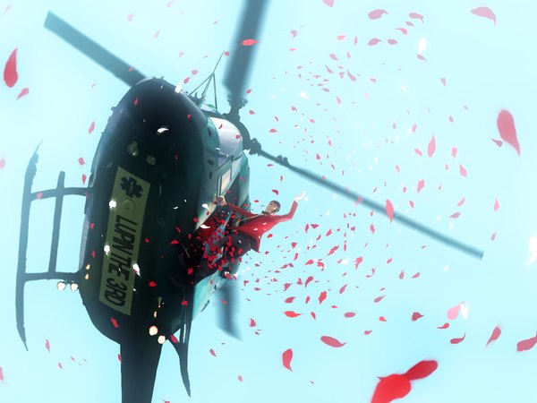Anime picture 1920x1440 with lupin iii arsene lupin iii zz highres short hair smile brown hair brown eyes sky from below flying falling sidewhiskers boy petals necktie suit helicopter