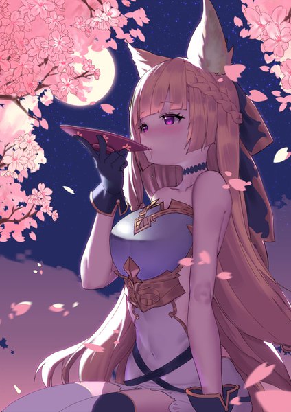 Anime picture 2480x3508 with granblue fantasy yuisis (granblue fantasy) tigersaber single long hair tall image blush fringe highres light erotic brown hair sitting purple eyes bare shoulders holding animal ears looking away outdoors blunt bangs braid (braids)