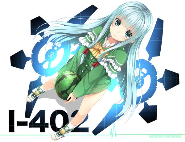 Anime picture 970x744 with aoki hagane no arpeggio i-402 (aoki hagane no arpeggio) kaguyuu single long hair blush white background aqua eyes from above aqua hair inscription :o girl food shoes frills berry (berries) sneakers watermelon