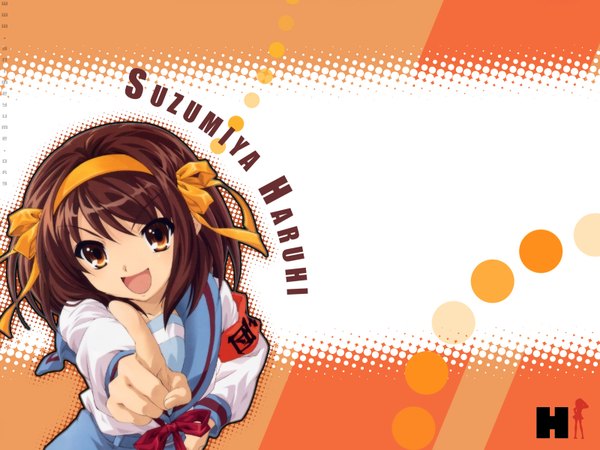 Anime picture 1600x1200 with suzumiya haruhi no yuutsu kyoto animation suzumiya haruhi pointing girl